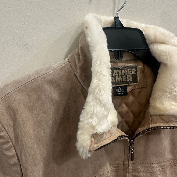 Weather Tamer VTG 90s Beige Suede Faux Fur Shearling Coat Aviator Pilot Sz Large - Picture 5 of 15